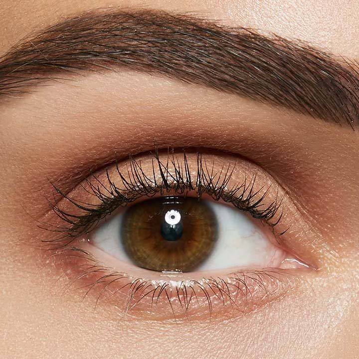 Makroaufnahme eines hellbraunen Auges mit perfekt geformter und dichter Augenbraue – voller, gleichmäßiger Look.