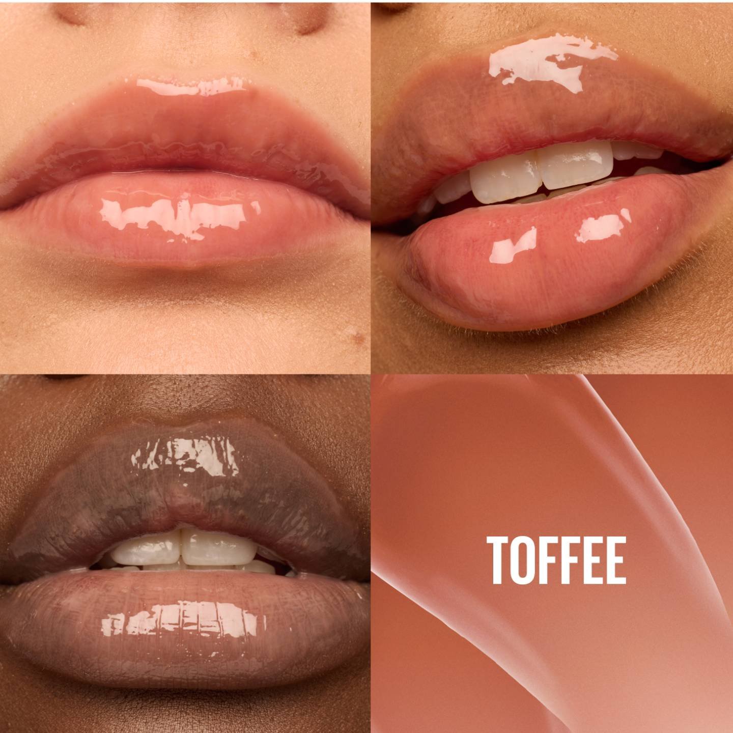 Collage von drei Lippen unterschiedlicher Hauttöne, die den Lifter Gloss in der Farbe Toffee tragen