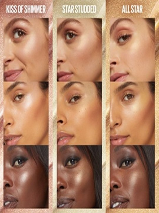 Raster mit jeweils drei Frauengesichtern unterschiedlicher Hauttöne, die den Sunkisser Highlighter in Kiss of Shimmer, Star Studded und All Star tragen